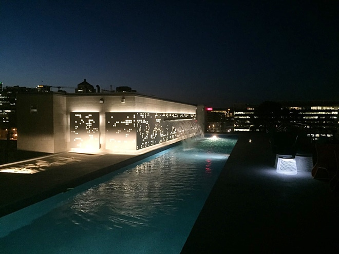 lowney's roof terrace fountain in griffintown